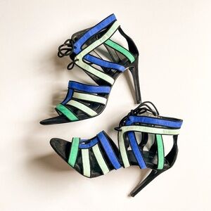 ZARA, blue, black, & green lace-up high heels, 4” heel, size 8